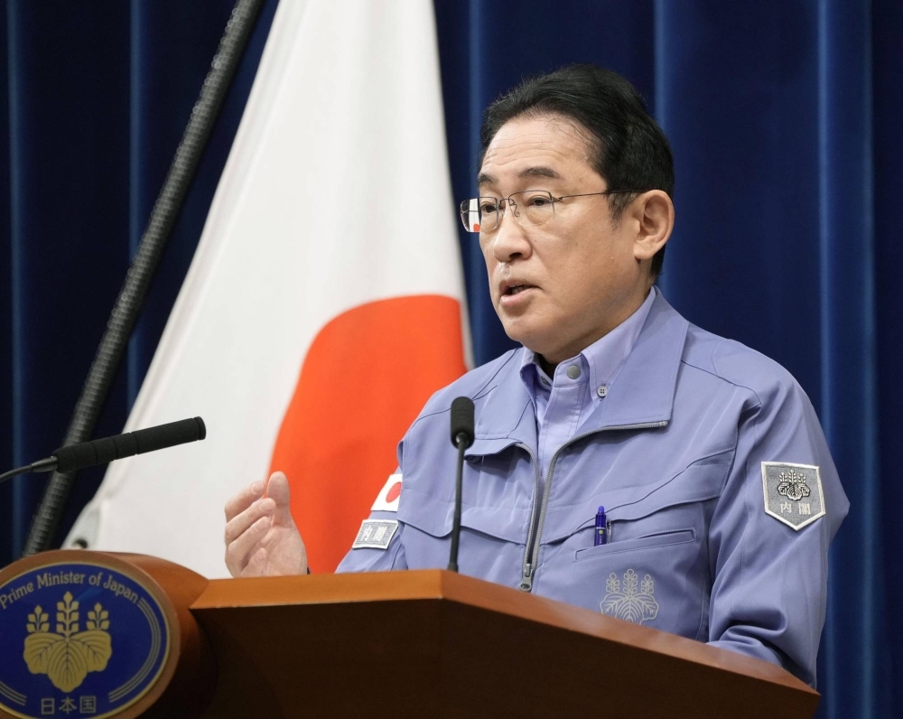 Prime Minister Fumio Kishida speaks at a news conference on Tuesday about the Ishikawa earthquake.