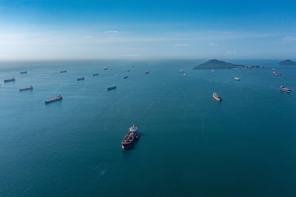 Cargo ships wait in the anchor zone to cross the Panama Canal from the Pacific entrance near Panama City, Panama, on Sept. 1, 2023. Ships have been waiting for days as the congestion to cross from both sides increase due to intense droughts in the country.