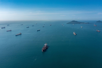 Cargo ships wait in the anchor zone to cross the Panama Canal from the Pacific entrance near Panama City, Panama, on Sept. 1, 2023. Ships have been waiting for days as the congestion to cross from both sides increase due to intense droughts in the country.