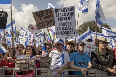 Protesters rally to denounce the Israeli government's judicial overhaul in Jerusalem on March 27. The Jan. 1 decision by the Israeli Supreme Court to reject legislative control over the judiciary displayed anew the cultural war at the heart of Israeli politics.
