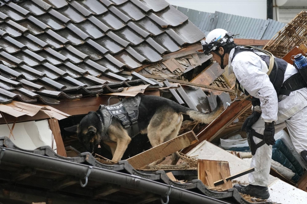 An Aichi Prefectural Police rescue team member with a detection dog seaches for people possibly trapped in a collapsed building in Wajima, Ishikawa Prefecture, on Wednesday.