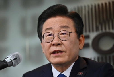 South Korea's main opposition Democratic Party leader Lee Jae-myung speaks during a news conference in Seoul on April 11.