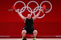 Laurel Hubbard of New Zealand, the first openly transgender female Olympian, competes at the Tokyo Games in August 2021.  | Reuters