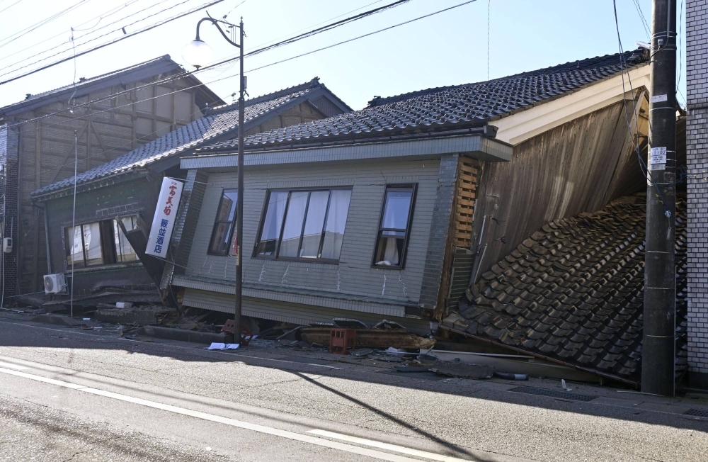 A damaged sake store in the town of Himi, Toyama Prefecture, following a major earthquake on Monday