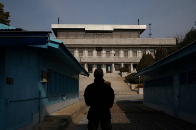 A South Korean soldier stands guard at the Joint Security Area in the demilitarized zone (DMZ) separating the two Koreas on Feb. 7, 2023. Since the 1950-53 Korean War ended in a stalemate, both nations have had policies that treat each other differently than other countries.