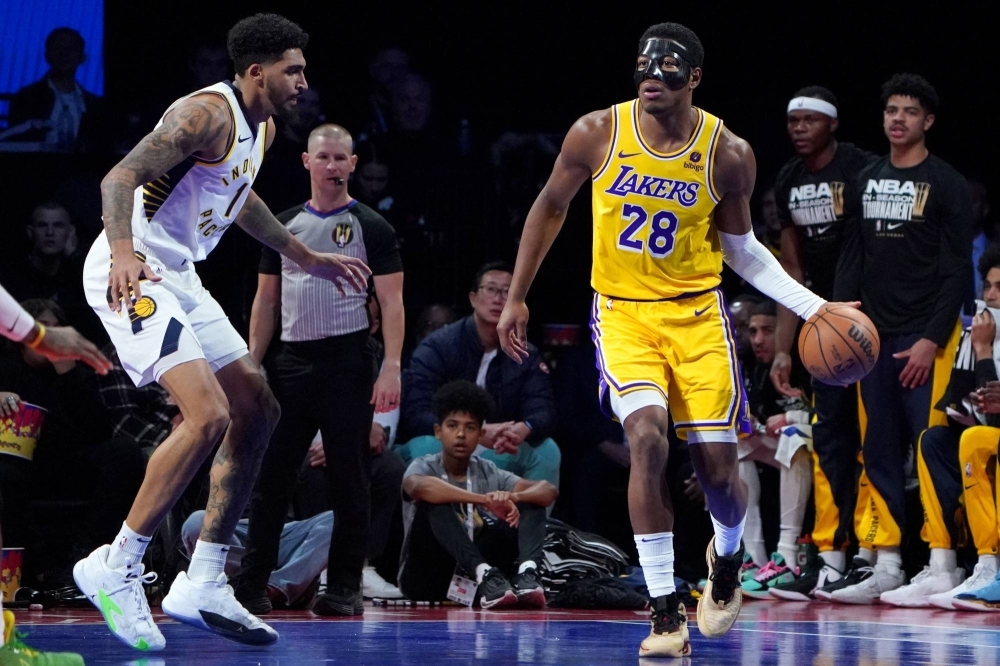 Lakers forward Rui Hachimura dribbles during the team's game against the Pacers in the finals of the NBA's in-season tournament on Dec. 9. 