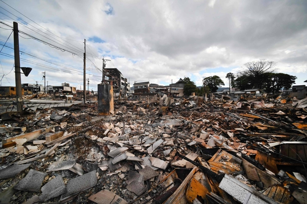 The remains of a shopping district that caught fire in the city of Wajima, Ishikawa Prefecture, due to the New Year's Day earthquake