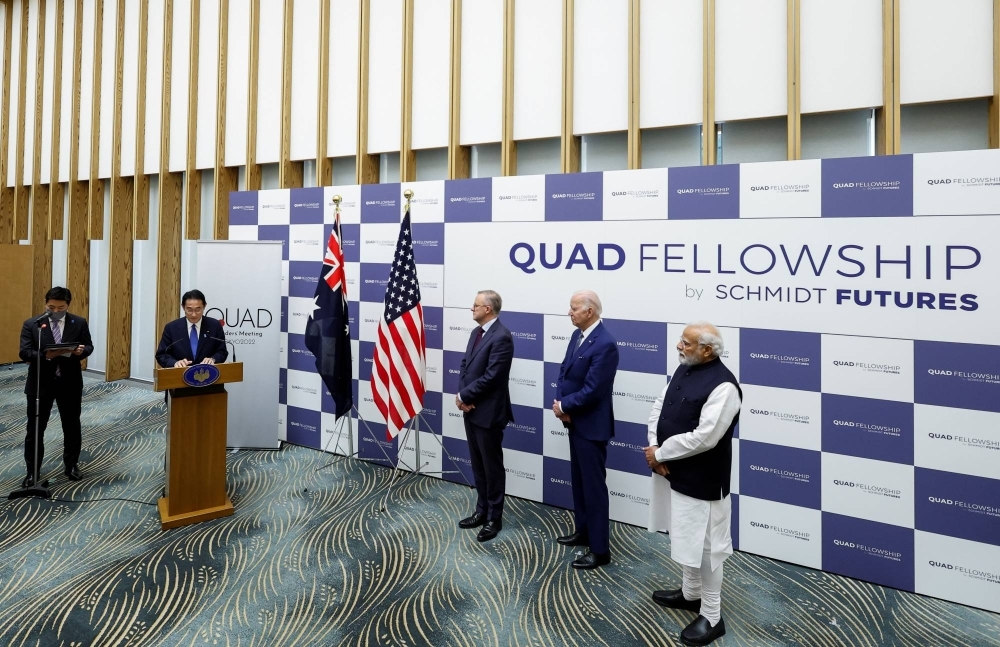 Prime Minister Fumio Kishida delivers his Quad Fellowship Announcement as the leaders of the United States, India and Australia look on after meeting in Tokyo in May 2022.