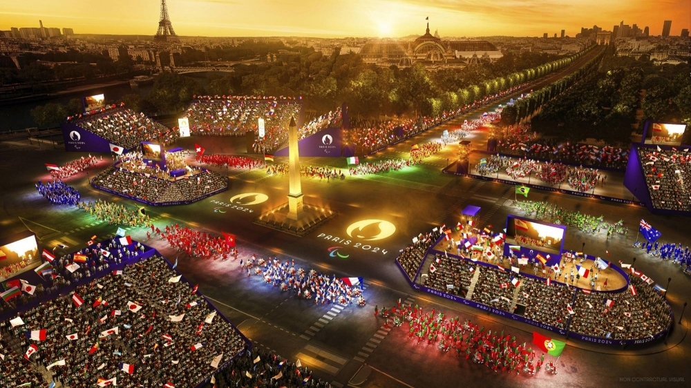 A portrayal of how the 2024 Paralympic Games' opening ceremony on Paris' Champs-Elysees is set to appear from overhead. The Games will take place in various locations across the city.