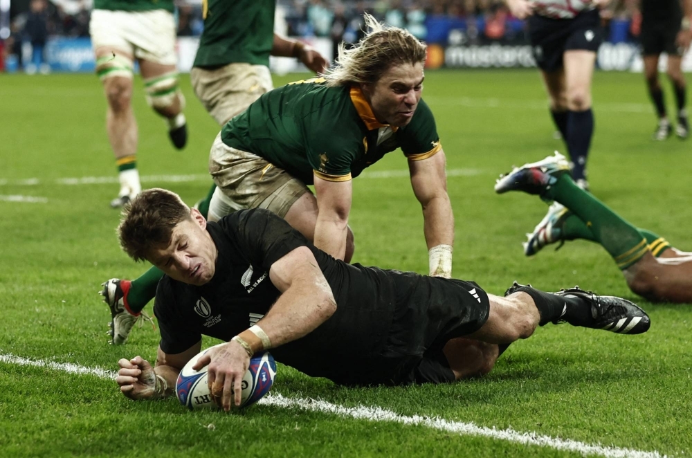 New Zealand's Beauden Barrett scores his team's first try against France in their Rugby World Cup 2023 final match in Saint-Denis, France, on Oct. 28.