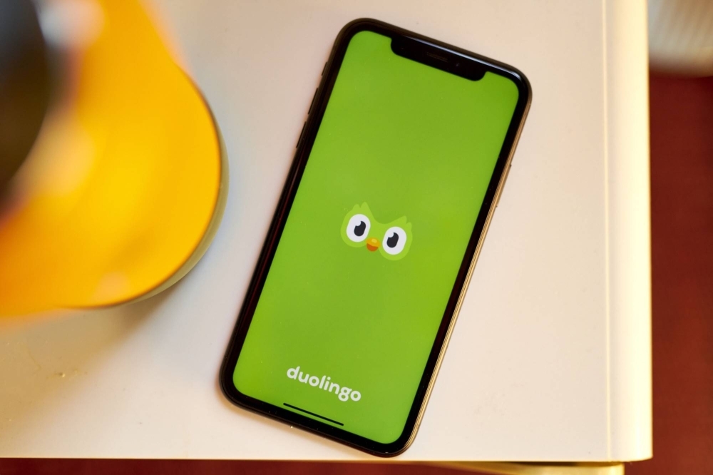 The logo of language-learning app, Duolingo, on a smartphone 