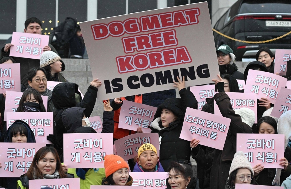 Animal rights activists hold placards reading "Good bye dog meat!" during a rally welcoming a bill banning the dog meat trade, at the National Assembly in Seoul on Tuesday.