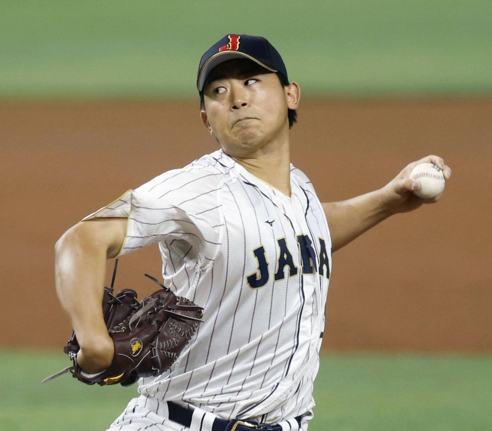 Shota Imanaga pitches during Japan's win over the U.S. in the final of the World Baseball Classic in March. 