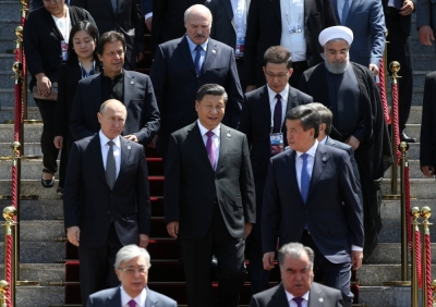 Chinese leader Xi Jinping attends the Shanghai Cooperation Organization summit in Bishkek, Kyrgyzstan, with other leaders in June 2019. 