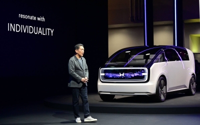 Shinji Aoyama, Honda's chief director of North America, unveils its electric vehicle concept Space-Hub during the CES trade show in Las Vegas on Tuesday.