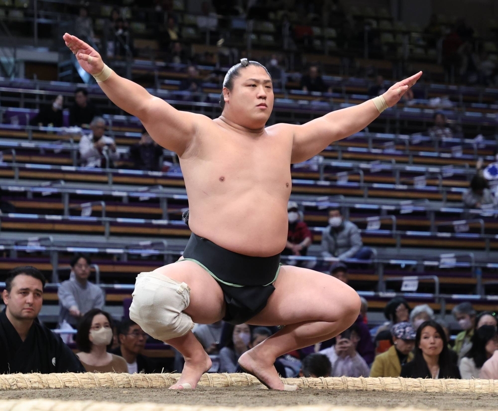 Wakatakakage competes at the Kyushu Grand Sumo Tournament in November. In sumo, early-arriving fans get to see some of the drama unfold in the lower tiers of the sport.