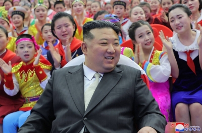 North Korean leader Kim Jong Un with children at a spring festival gathering of children and students at the Mangyongdae Student Youth Palace in Pyongyang on Jan. 1