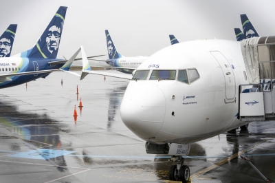 Grounded Alaska Airlines Boeing 737 Max 9 airplanes on the tarmac at Seattle-Tacoma International Airport on Monday