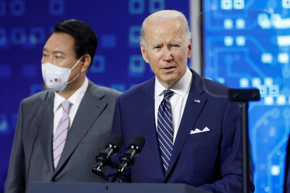U.S. President Joe Biden and his South Korean counterpart, Yoon Suk-yeol, visit a Samsung semiconductor factory in Pyeongtaek, South Korea, in May 2022.  