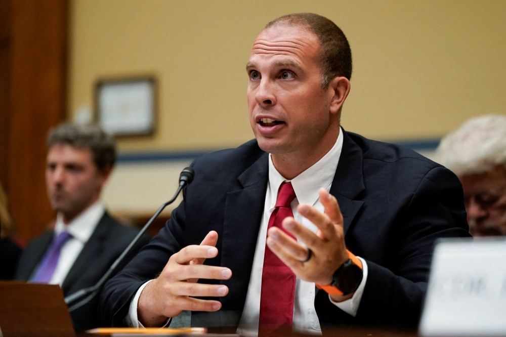 David Grusch, former National Reconnaissance Office representative on the Defense Department's Unidentified Aerial Phenomena Task Force, testifies during a House subcommittee's hearing on Capitol Hill in Washington last July.