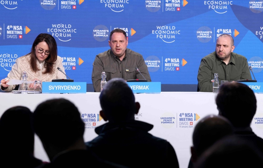 First Deputy Prime Minister and Minister of Economy of Ukraine Yulia Svyrydenko (left), Head of the Ukrainian President's Office Andriy Yermak (center) and Ukrainian Defense Minister Rustem Umerov attend a news conference during the World Economic Forum in Davos on Sunday.