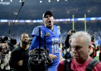 Lions quarterback Jared Goff celebrates after his team's playoff win over the Rams in Detroit on Sunday. | USA TODAY / VIA REUTERS