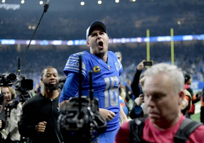 Lions quarterback Jared Goff celebrates after his team's playoff win over the Rams in Detroit on Sunday.