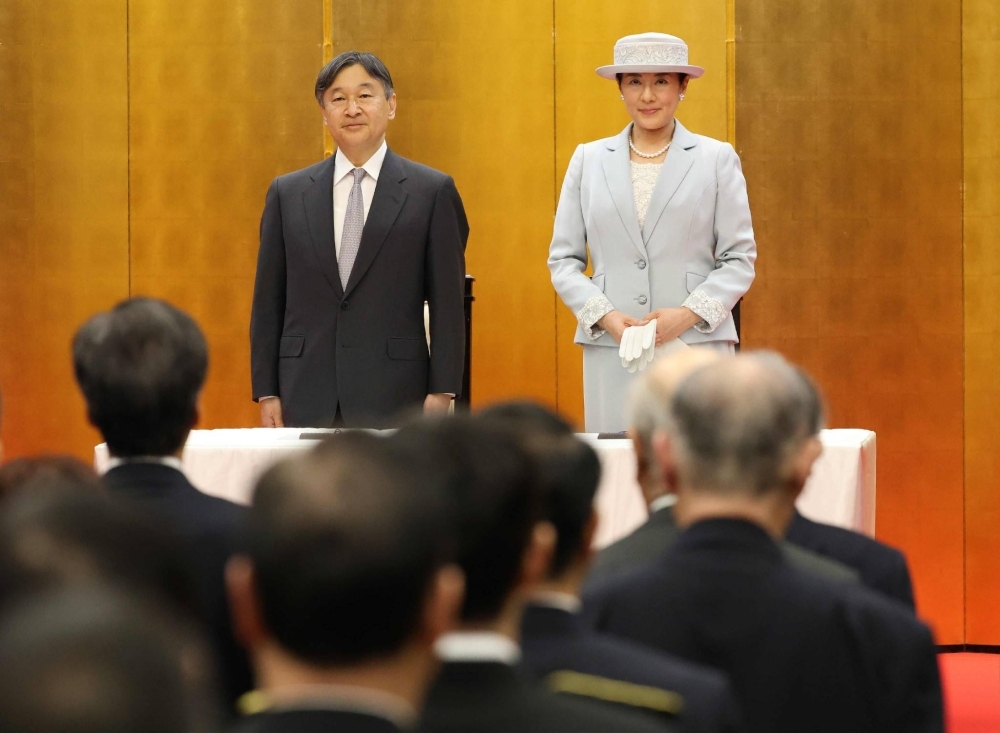 Emperor Naruhito and Empress Masako attend a ceremony marking the 150th anniversary of the Metropolitan Police Department's founding in Tokyo on Monday.