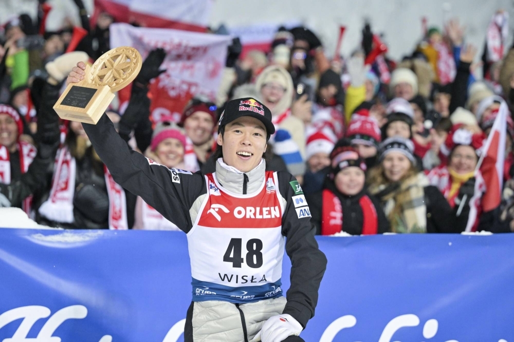 Ski jumper Ryoyu Kobayashi celebrates after winning a World Cup event in Wisla, Poland, on Sunday.
