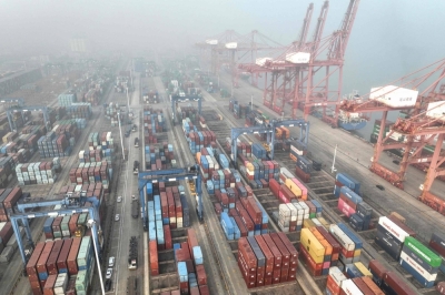 Shipping containers at a port in Lianyungang, eastern China's Jiangsu province, on Friday