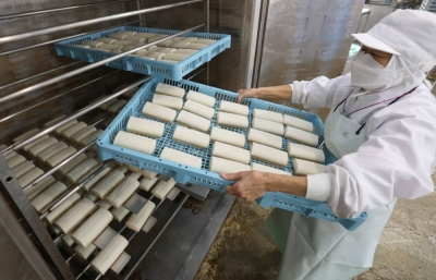 A worker carries a tray containing steamed kamaboko at a factory in Ise, Mie Prefecture.
