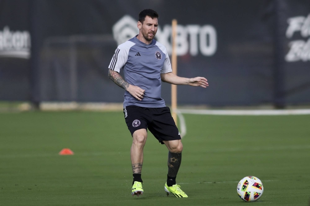 Inter Miami forward Lionel Messi controls the ball during practice at Florida Blue Training Center in Fort Lauderdale, Florida, on Saturday.