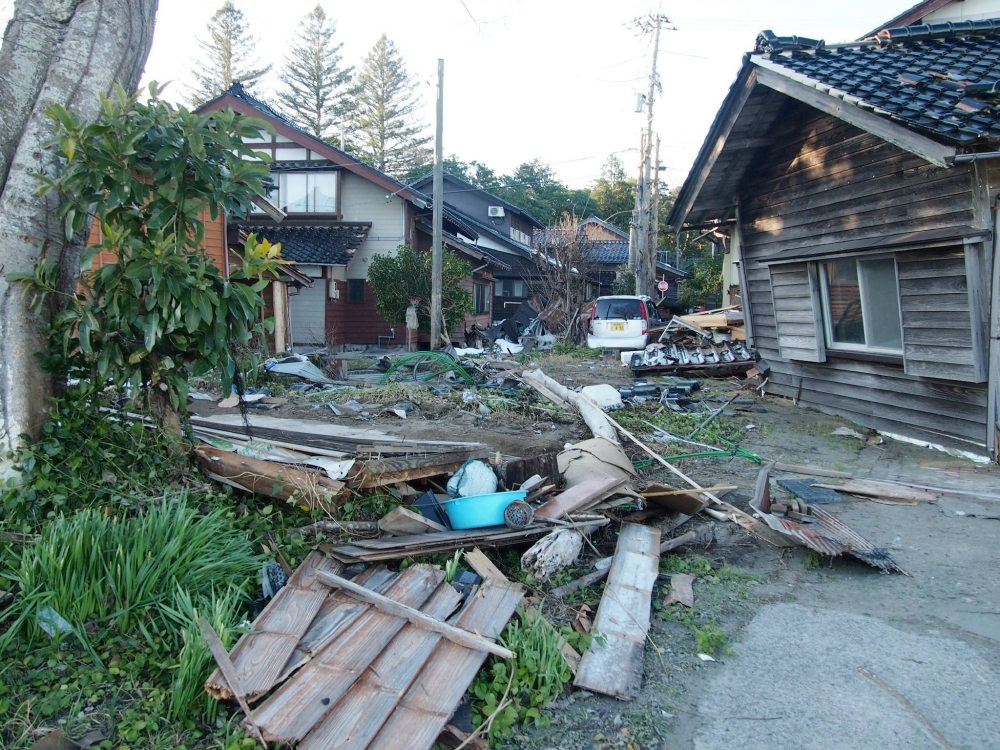 Collapsed houses in Misaki in the city of Suzu, Ishikawa Prefecture, on Jan. 11 following an earthquake and tsunami on New Year's Day