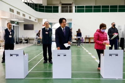 The Democratic Progressive Party's presidential candidate, Lai Ching-te, the eventual winner, casts his vote during the island's election in Tainan, Taiwan, on Saturday.