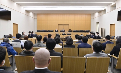 The gallery and judges for the trial of Yuki Endo over a 2021 murder case, in Kofu District Court in Yamanashi Prefecture on Thursday