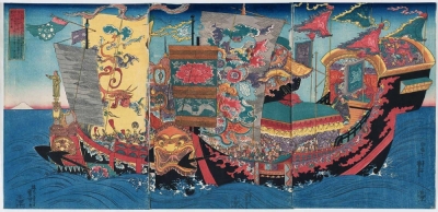 A mid-19th century ukiyo-e woodblock print by Utagawa Kuniyoshi depicts Xu Fu’s voyage in search of the elixir of life. He can be seen near the left side of the image, with what looks to be Penglai, or Mount Fuji, in the background.