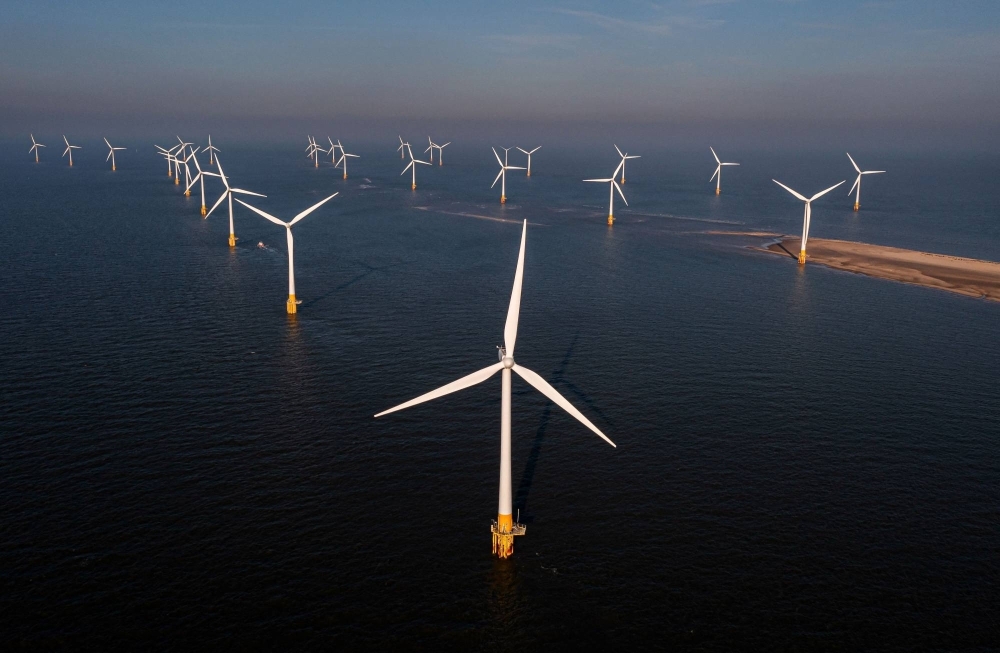 Wind turbines at an RWE wind farm off the coast of Great Yarmouth, England. RWE operates 3.3 gigawatts of offshore wind power in Europe. 