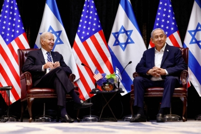 U.S. President Joe Biden meets with Israeli Prime Minister Benjamin Netanyahu and the Israeli war Cabinet, as he visits Israel amid the ongoing conflict between Israel and Hamas, in Tel Aviv on Oct. 18.