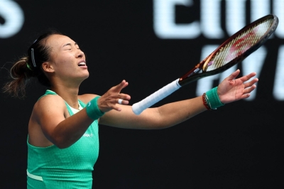 China's Zheng Qinwen reacts after winning her third round match over compatriot Wang Yafan on Saturday at the Australian Open in Melbourne. 