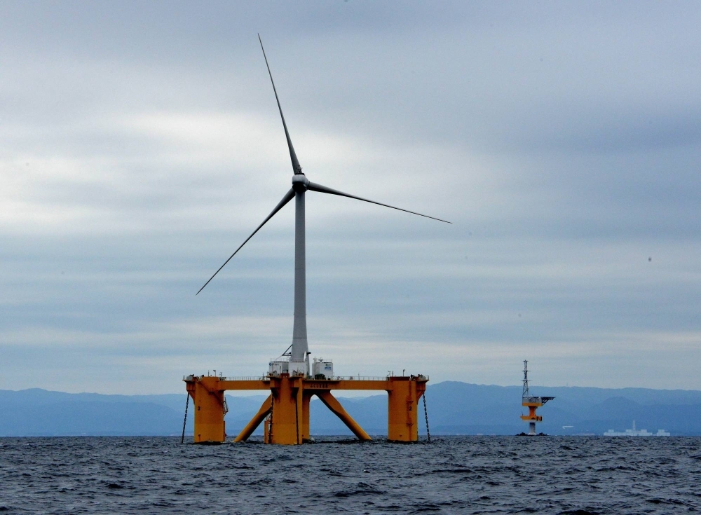An offshore wind turbine off the coast of Naraha, Fukushima Prefecture, in 2013. Japan aims to increase its offshore wind power capacity to 10 GW by 2030. 
