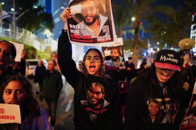 Families of hostages and supporters protest to call for the release of those kidnapped during the deadly Oct. 7 attack by Palestinian Islamist group Hamas, in Tel Aviv, on Saturday.