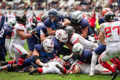 Japan makes a goal-line stand against the Ivy League All-Stars during the Dream Japan Bowl on Sunday at National Stadium. 