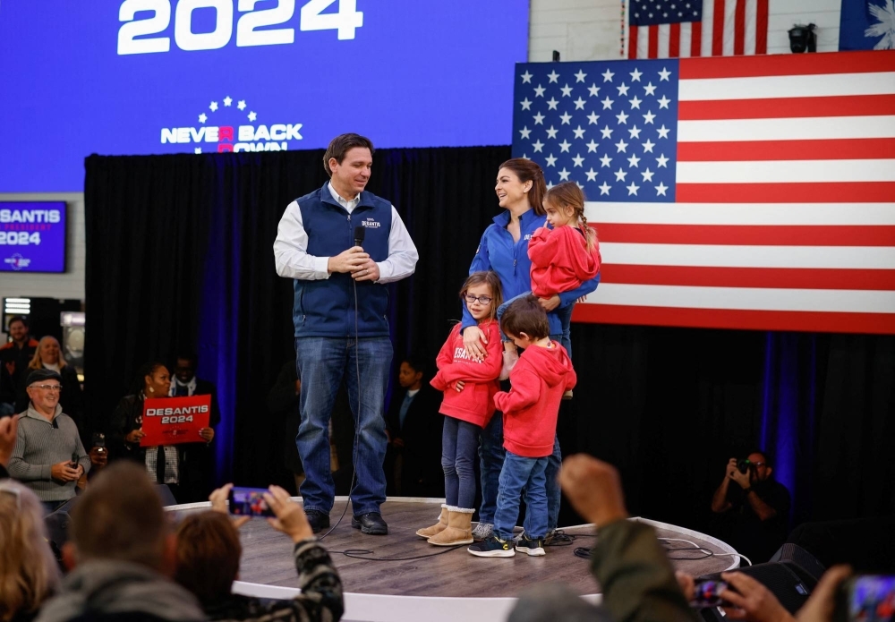 Casey DeSantis introduces her husband, Florida Gov. Ron DeSantis, as he makes a campaign visit ahead of the South Carolina presidential primary in Myrtle Beach, South Carolina, on Saturday.
