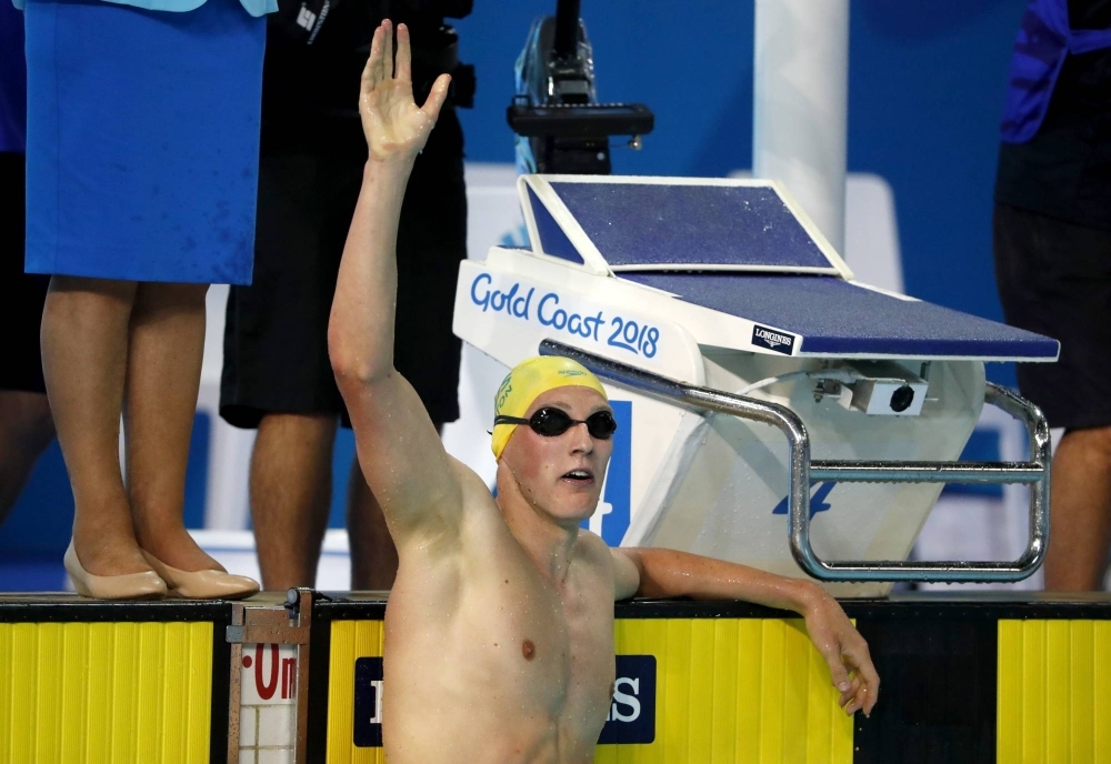 Australia's Mack Horton celebrates after winning gold in the men's 400 freestyle final at the Commonwealth Games in Gold Coast, Australia, on April 5, 2018.