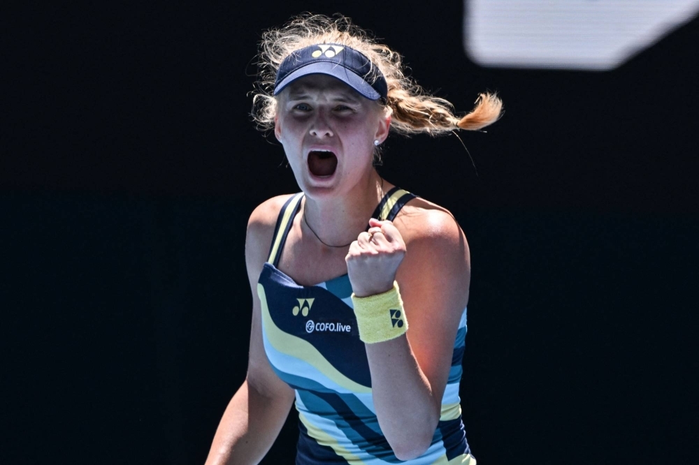 Dayana Yastremska celebrates after a point during her match against Victoria Azarenka at the Australian Open in Melbourne on Monday.