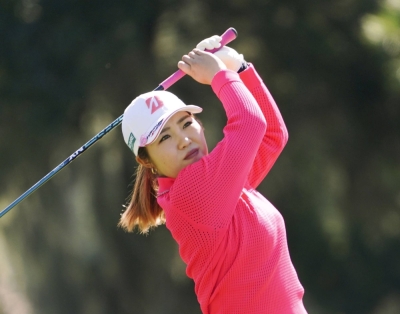 Ayaka Furue hits her tee shot on the ninth hole during the final round of the  Hilton Grand Vacations Tournament of Champions in Orlando, Florida, on Sunday. 