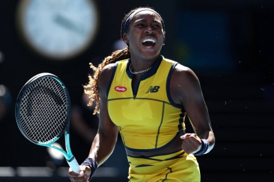 Coco Gauff of the United States celebrates the match point against Ukraine's Marta Kostyuk during their quarterfinal match at the Australian Open in Melbourne on Tuesday.