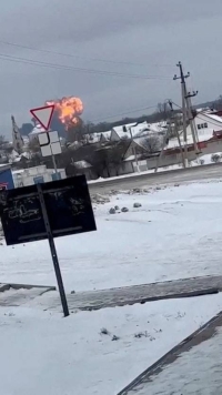 A Russian military transport plane crashes near Yablonovo, Belgorod Region, Russia on Wednesday in a screen grab from a social media video. | Reuters