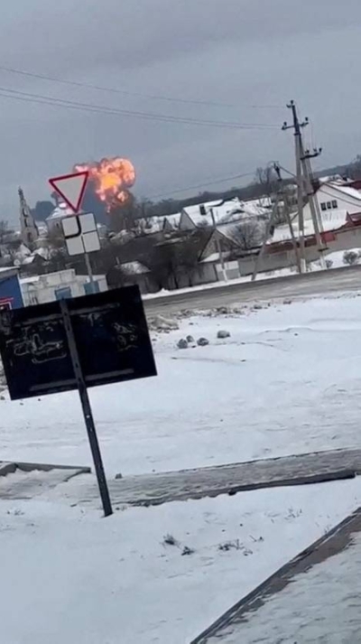 A Russian military transport plane crashes near Yablonovo, Belgorod Region, Russia on Wednesday in a screen grab from a social media video.