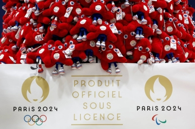 Official toy mascots for the Paris 2024 Olympic and Paralympic Games are displayed in Villepinte, France, on Sunday.